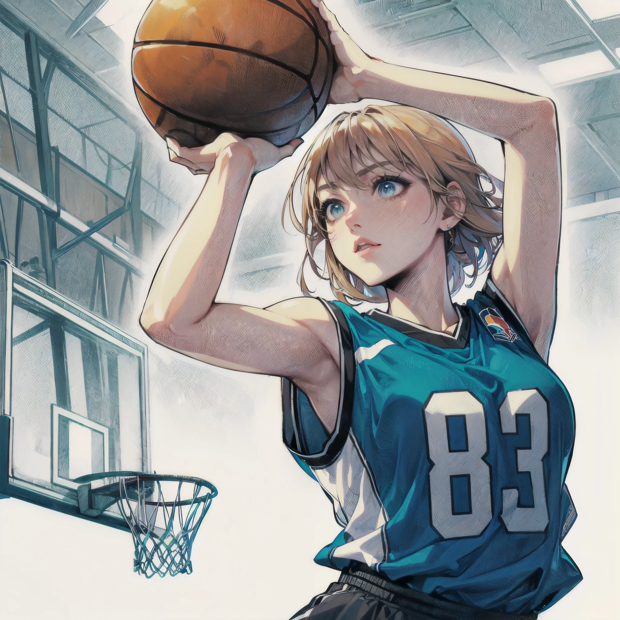 masterpiece, (textured skin), best quality, gorgeous beautiful girl, (a female basketball athlete), detailed clothes,large breasts,narrow waist,, (beautiful face), cinematic lighting, (at basketball venue ),