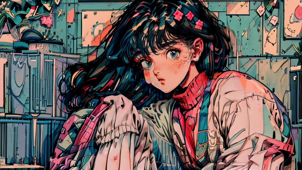 (Highest quality, masterpiece:1.2), 90s anime style, A girl is listening to a record on a turntable in her room. She has black hair、bangs cover one eye, Wearing an oversized short-sleeved T-shirt. The table on which she plays records is placed at the edge, The needle of the player is between two records. On top is an old music box in the shape of a pear tree., In the style of Hayao Miyazaki, Retro colors, Very detailed.