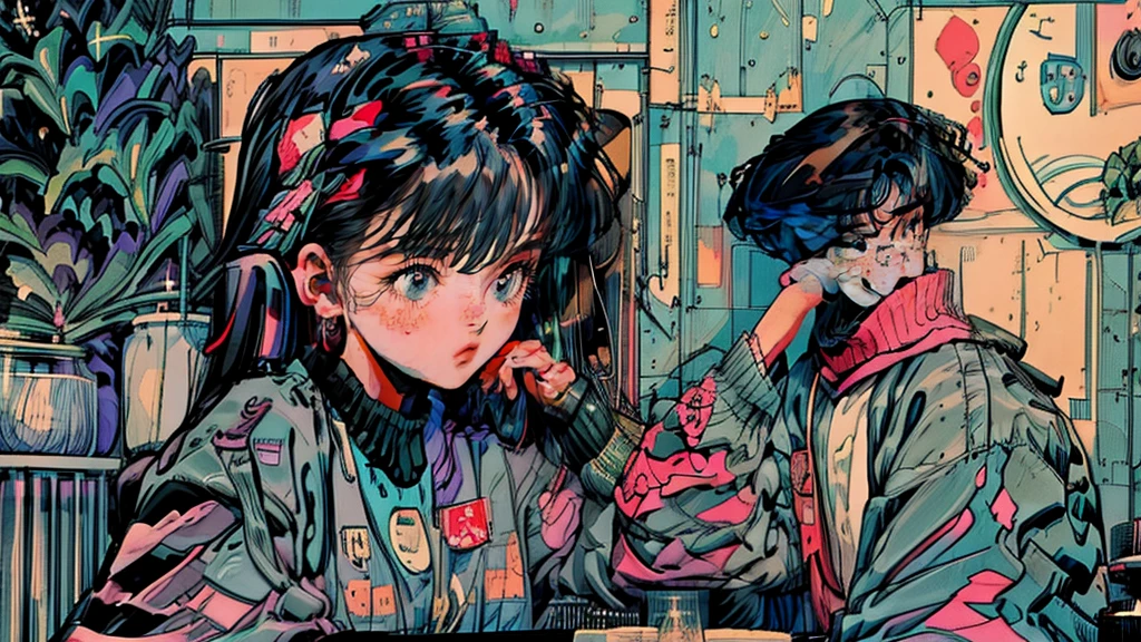 (Highest quality, masterpiece:1.2), 90s anime style, A girl is listening to a record on a turntable in her room. She has black hair、bangs cover one eye, Wearing an oversized short-sleeved T-shirt. The table on which she plays records is placed at the edge, The needle of the player is between two records. On top is an old music box in the shape of a pear tree., In the style of Hayao Miyazaki, Retro colors, Very detailed.