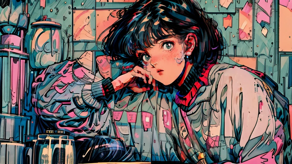 (Highest quality, masterpiece:1.2), 90s anime style, A girl is listening to a record on a turntable in her room. She has black hair、bangs cover one eye, Wearing an oversized short-sleeved T-shirt. The table on which she plays records is placed at the edge, The needle of the player is between two records. On top is an old music box in the shape of a pear tree., In the style of Hayao Miyazaki, Retro colors, Very detailed.