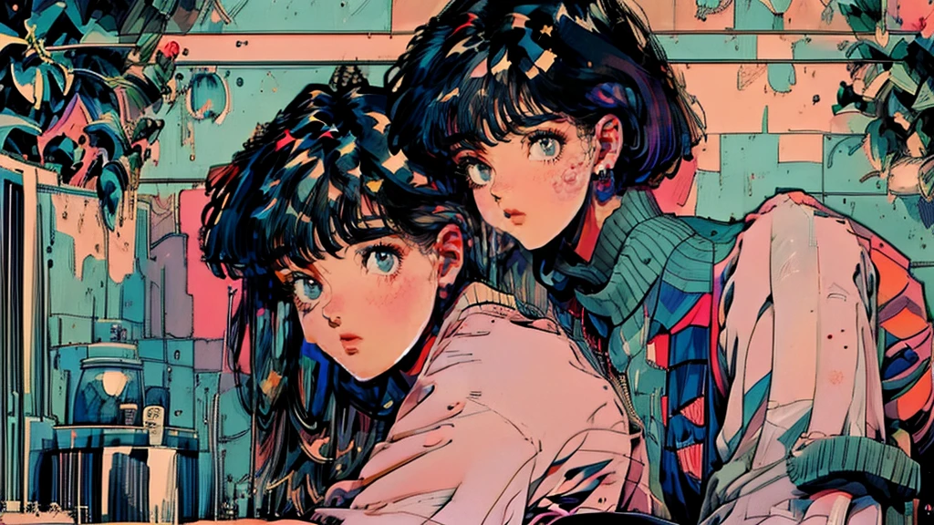(Highest quality, masterpiece:1.2), 90s anime style, A girl is listening to a record on a turntable in her room. She has black hair、bangs cover one eye, Wearing an oversized short-sleeved T-shirt. The table on which she plays records is placed at the edge, The needle of the player is between two records. On top is an old music box in the shape of a pear tree., In the style of Hayao Miyazaki, Retro colors, Very detailed.