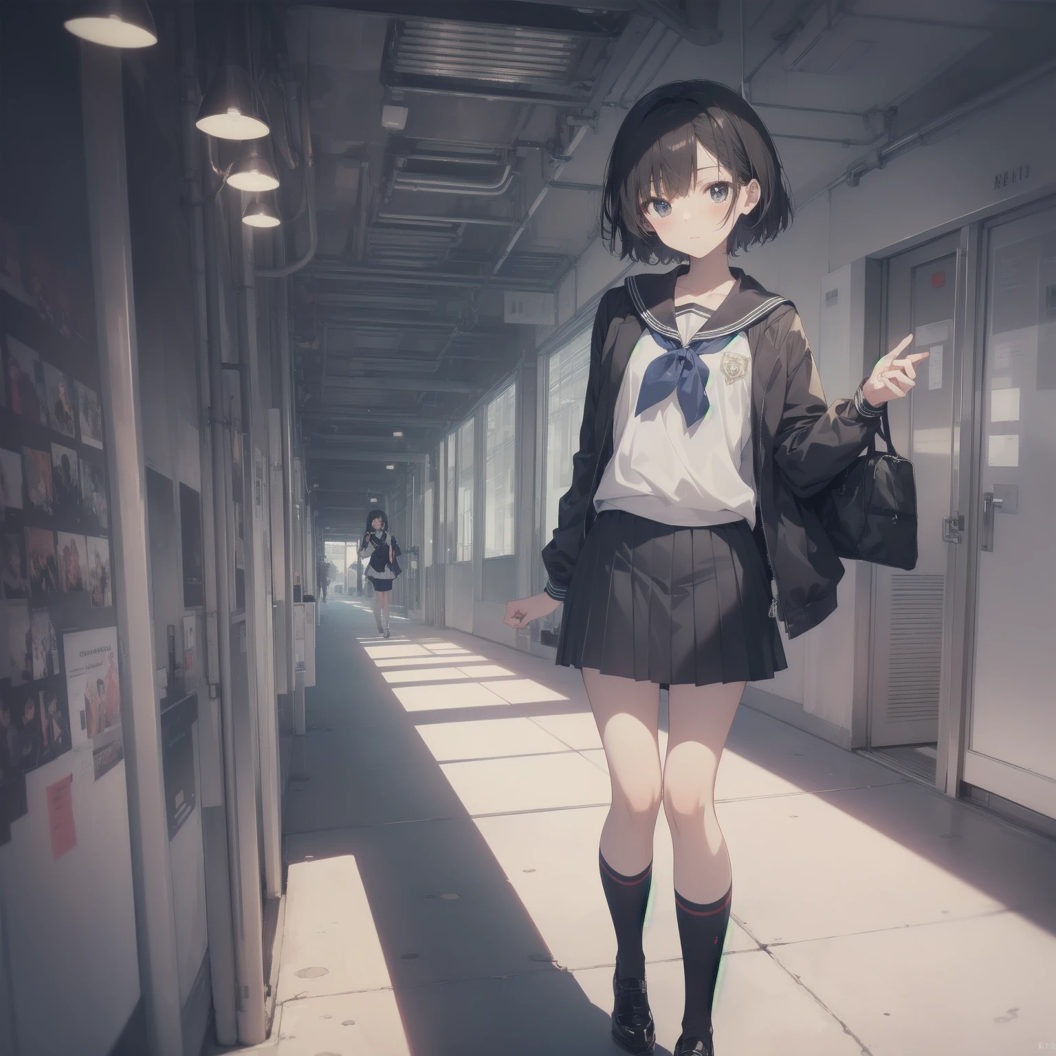 ultra-absurdres-Top quality by artist God, ultra-detailed, high resolution, anime moe artstyle, best anime 8k konachan wallpaper, pixiv contest winner, pool:2810, perfect anatomy,break, 1girl, (Please draw a girl walking sleepily to school alone. )break,(Solo,little female, 13-year-old:1.3),Full limbs, complete fingers,a junior high school student, (very short hair), short cut, flat chest, , small butt, small black eyes, beautiful detailed eyes, well-proportioned iris and pupils, expressive eyes, highres detailed hair, soft expression, salor school_uniform, sailor collar, serahuku, bow, pleated skirt,(Detailed Lighting), (Detailed background), in the School commute route. break,super detailed skin, Best cinematic lighting powered by famous artist, 8k,beauty illustration,photoshop_(medium),very aesthetic,break,((artist:kitsunerider )), artist:clamp ,artist:carnelian ,artist:kantoku ,