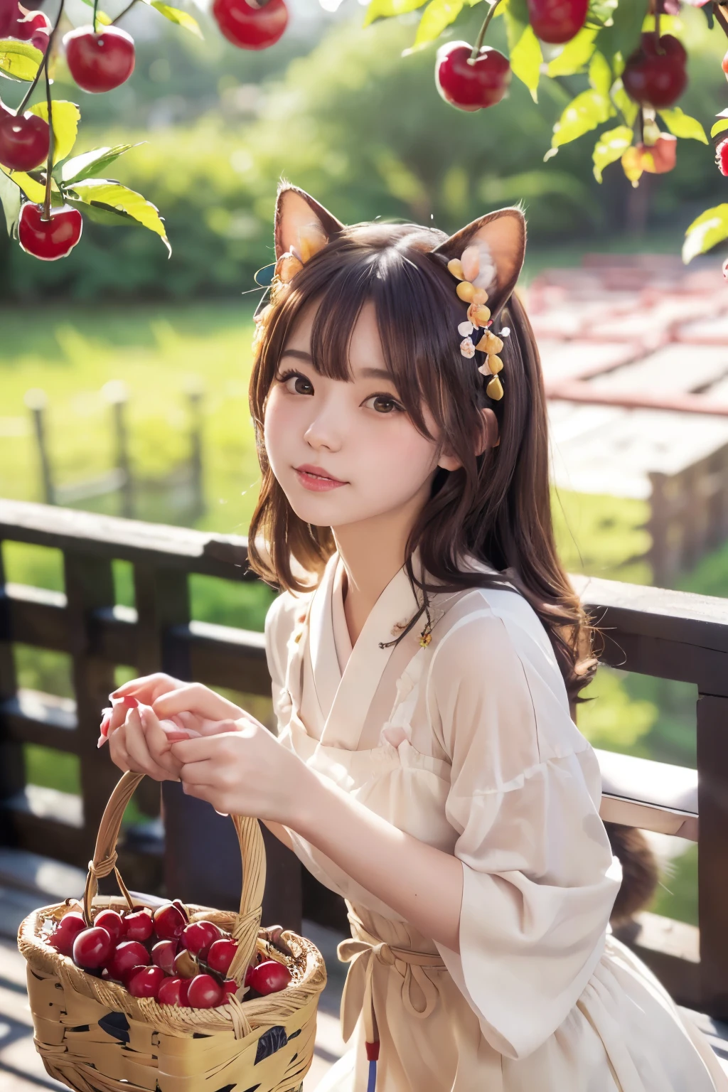 Masterpiece, 16K, bokeh,
(Beautiful girl),
(cat ears:1.3), (Japanese idle:1.6),
(Beautiful woman holding a basket full of cherries with both hands)
cherry patern dress
(many cherry fruits:1.5)
