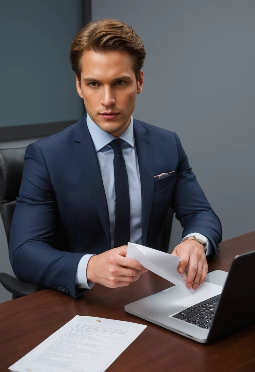 (8K), (Best quality) , (best details), (ultra realistic), (high resolution), (Masterpiece:1.2), (UHD), portrait, res, Robust construction,Vivid colors,Soft lighting, Subtle shadows, vibrant color palette. The office is filled with a buzz of activity as the businessman, tailored in blazer attire, holding a paper, sits at his desk, surrounded by cutting-edge technology. His eyes focused and looking at the laptop in front of him.