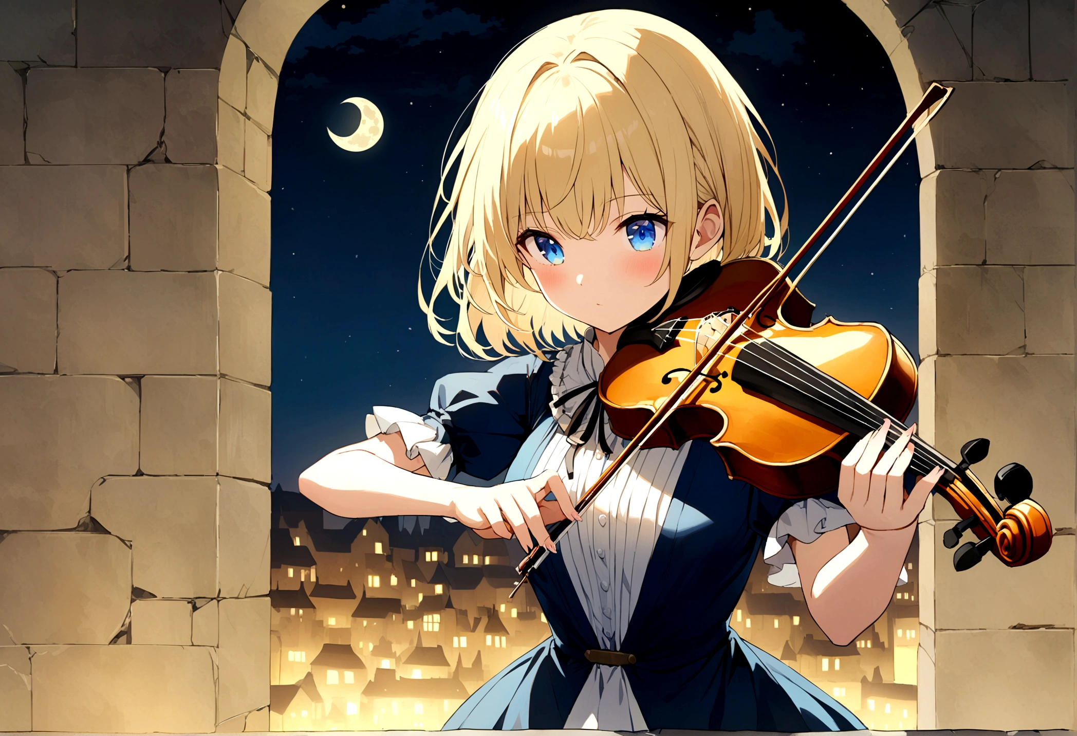 Anime girl with short blonde hair and blue eyes playing the violin,alone、 whole body、Old castle、Moonlit Night