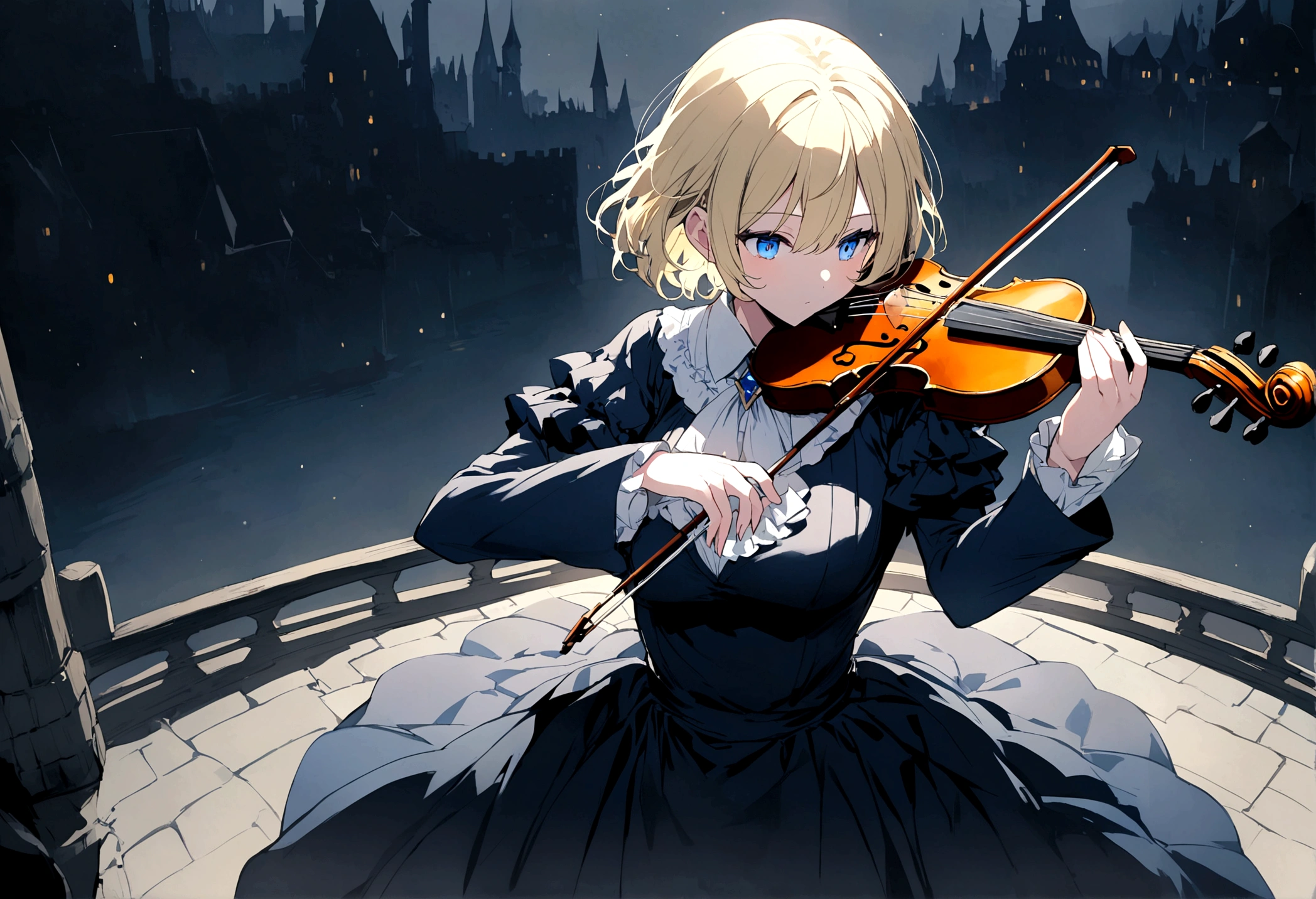 Anime girl with short blonde hair and blue eyes playing the violin,alone、 whole body、Old castle、Moonlit Night