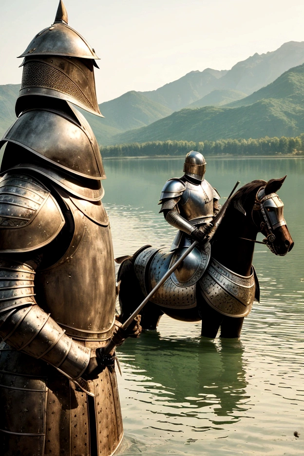 Two knights in armor against the background of Lake 