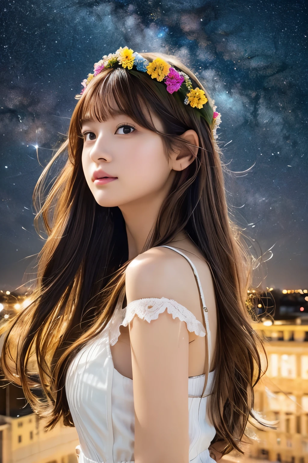 high quality, 最high quality, Tabletop, Detailed portrait of a woman 1 Girl, 歳, Long Hair, (floating, space, milky way, colorful), Warm lighting, goddess, milky way, scenery, colorful hair wreath, {{{最high quality}}}, {{Very detailed}}, {shape}, Movie angle, {Detailed light},Cinema Lighting, Celestial, Dynamic pose