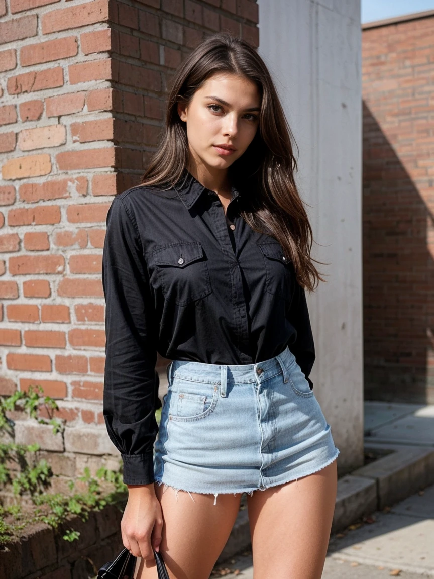 Create an image of a sexy and tall dark brunette with slightly wavy hair, standing at 175cm tall. The woman should be dressed in an unbuttoned denim shirt and a black short skirt, showcasing her perfect body in a way that is reminiscent of a street summer fashion. The image should be captured with the woman leaning next to a brick wall, adding to the dynamic and alluring nature of the image. The background should be a street summer scene, adding to the overall aesthetic of the image, viki odintcova, hot ass, stockings