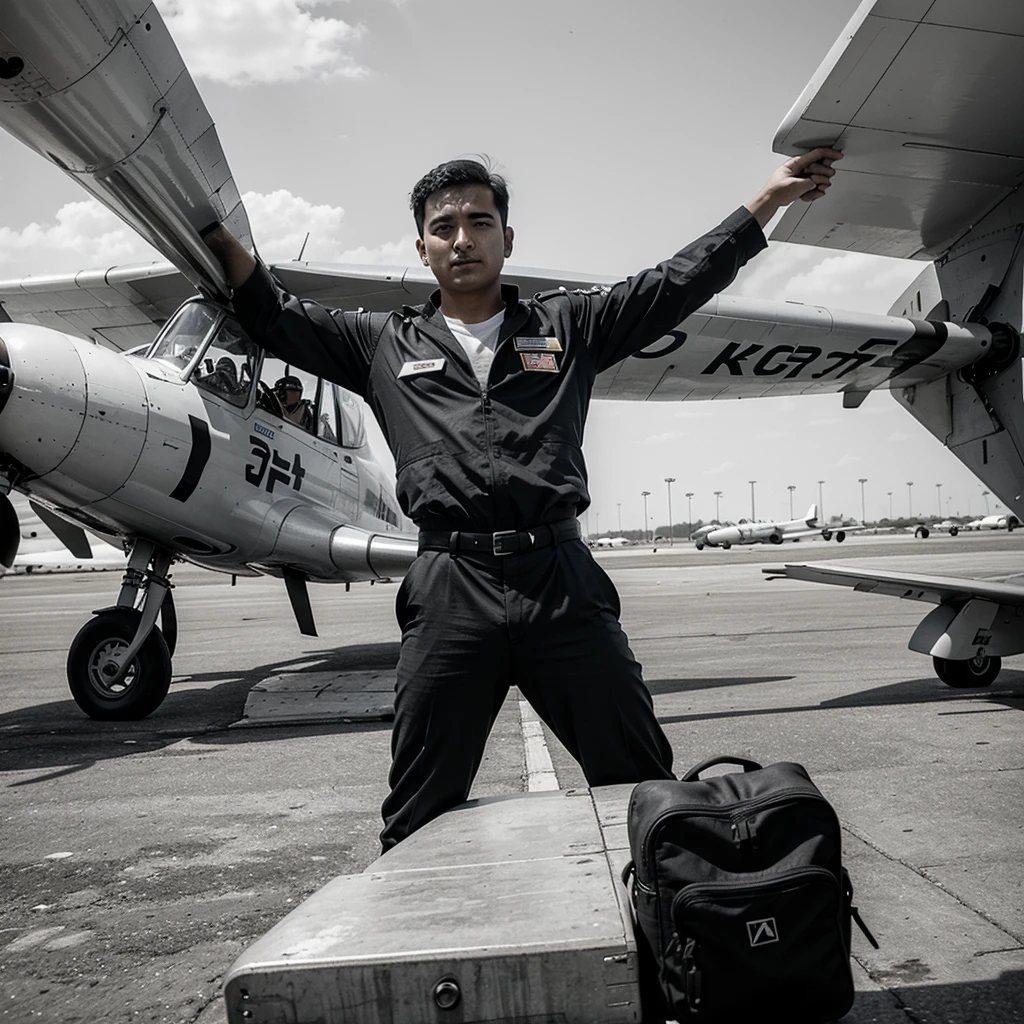 young José Abelardo Quiñones at an airfield, dressed in his pilot uniform, horizontally