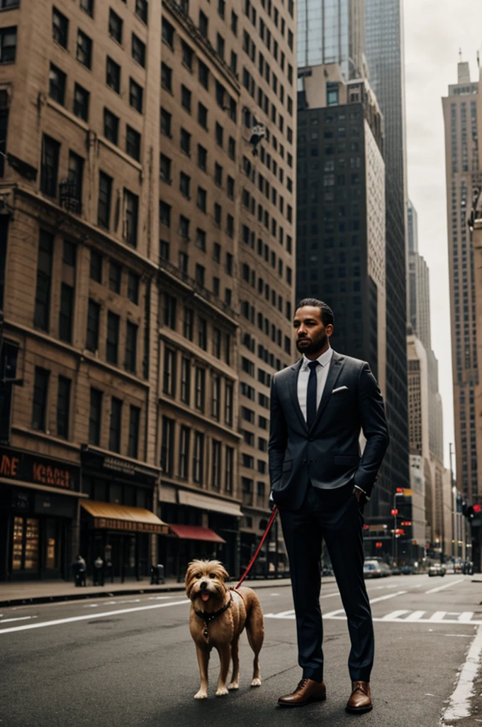 Create a man with dog standing at the deserted Newyork 