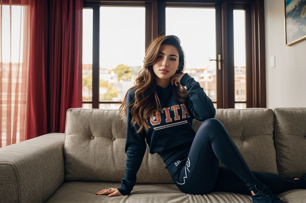 Gorgeous young spanish woman, in her living room, on a sofa, wearing a legging, and a sweatshirt, full body, beautiful face, masterpiece,  best quality, ultra-detailed, solo, shadows contrast, cinematic light, side lighting,  ultra high resolution, best shadow, RAW, 4k, 85mm, poca profundidad de campo, kodak vision color, extrem adamente detallado, Cinematographer_\(ultra\), photoreallistic, realstic, Postproceso, Maximum details, asper eza, vida real, ultra realista, fotorrealismo, Cinematographer, 8k UHD, Cinematographer