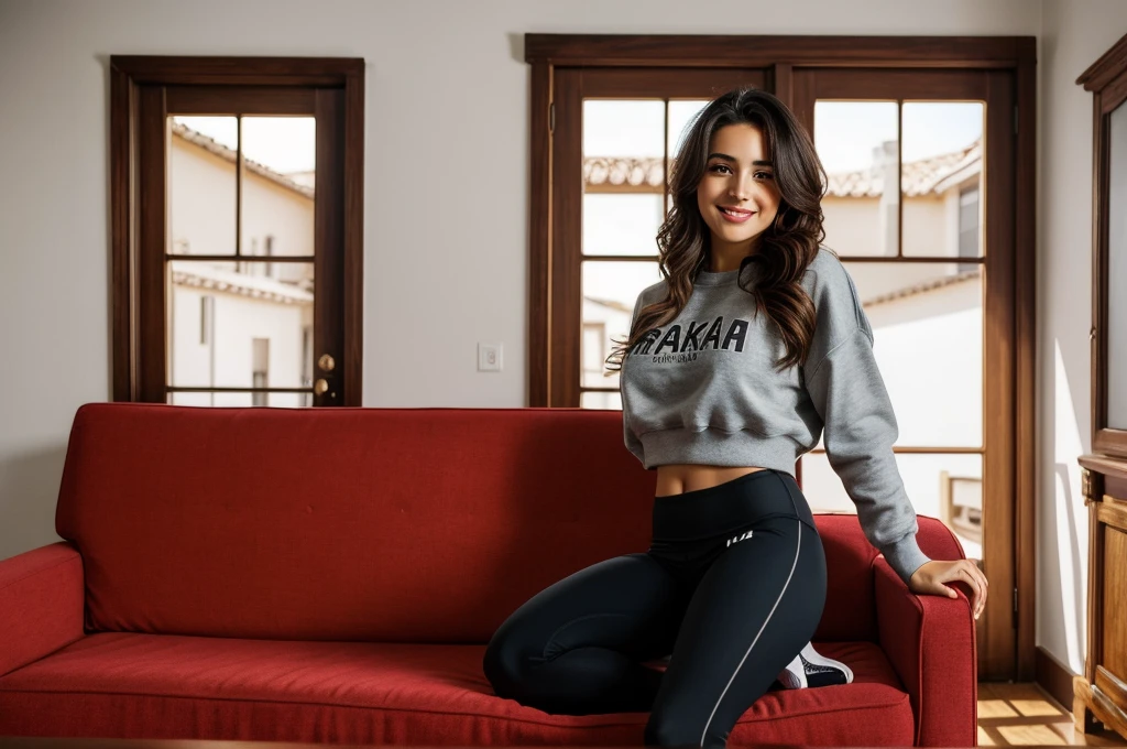 Gorgeous young spanish woman, in her living room, on a sofa, wearing a legging, and a sweatshirt, full body, beautiful face, masterpiece, best quality, ultra-detailed, solo, shadows contrast, cinematic light, side lighting, ultra high resolution, best shadow, RAW, 4k, 85mm, poca profundidad de campo, kodak vision color, extrem adamente detallado, Cinematographer_\(ultra\), photoreallistic, realstic, Postproceso, Maximum details, asper eza, vida real, ultra realista, fotorrealismo, Cinematographer, 8k UHD, Cinematographer