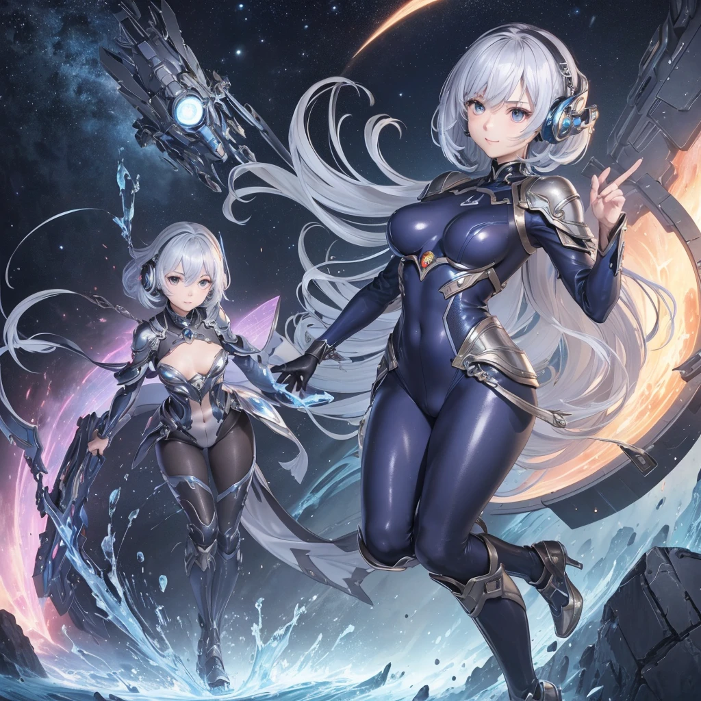 ((full body photo, standing, feet on the ground)) (masterpiece、highest quality、highest resolution、clear_image、detailed details、Angle from above): (full body figure、One 20 year old girl、Japanese faces、small face、Slender、Navy blue super short bob cut hair、(hidden small breasts:1.3)、sparkling blue eyes、Shiny pilot suit in blue and black colors、armor that protects the chest、tight fitting clothes、clothes that cover the whole body、shiny clothes、tight fit pants、hide the skin、very delicate and beautiful、detailed skin、hide thighs、hide your butt、cute type、gentle smile、soft expression、heroine、headset、Knee-high boots、gloves up to the elbow、eye level shot、facing directly、woman on a spaceship)