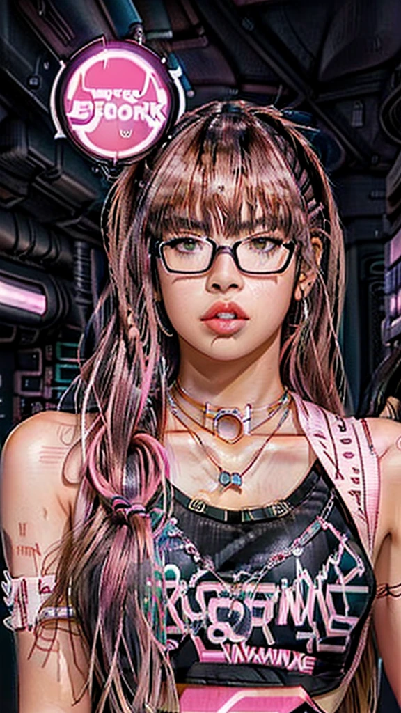 1 woman,cowboy shot,anime, ((((lisa blackpink))), cyber punk ,a woman with glasses and a necklace on her neck, brown skin,bella poarch, charli xcx,Tongue sticks up lips,cyber punk, smooth in _ the background, madison beer as leeloo