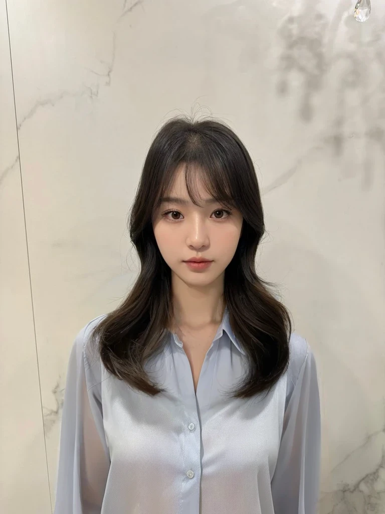 Best Quality, 8k, Masterpiece, (Portrait: 1.3), (photo realistic:1.4), (hyper realistic:1.4), Sharp Focus, looking at viewer, (smoother lighting:1.1), (increase cinematic lighting quality:0.9), realistic lighting, backlighting, light on face, ray trace, (brightening light:1.2), (Increase quality:1.4), sharp detail, (best quality real texture skin:1.4), finely detailed eyes, black_eyes, finely detailed face, 25 year old Korean woman, (white formal_shirt:1.4), (Create an image maintaining the original base model hairstyle:1.5)