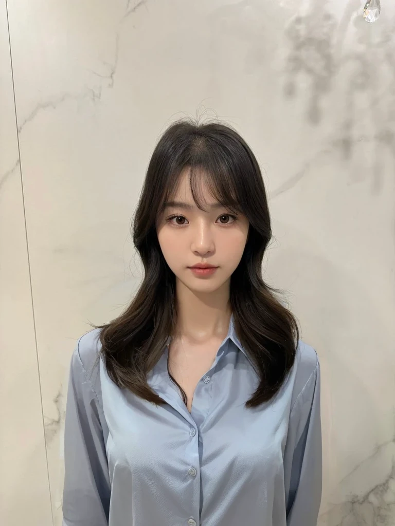 Best Quality, 8k, Masterpiece, (Portrait: 1.3), (photo realistic:1.4), (hyper realistic:1.4), Sharp Focus, looking at viewer, (smoother lighting:1.1), (increase cinematic lighting quality:0.9), realistic lighting, backlighting, light on face, ray trace, (brightening light:1.2), (Increase quality:1.4), sharp detail, (best quality real texture skin:1.4), finely detailed eyes, black_eyes, finely detailed face, 25 year old Korean woman, (white formal_shirt:1.4), (Create an image maintaining the original base model hairstyle:1.5)