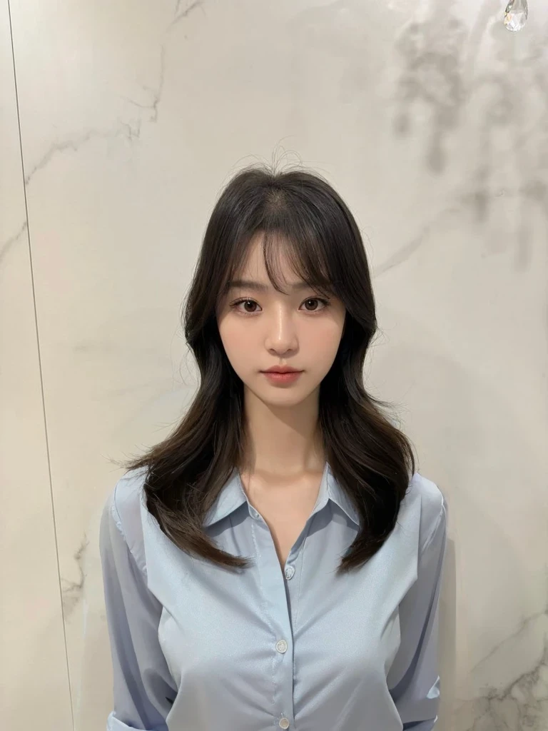 Best Quality, 8k, Masterpiece, (Portrait: 1.3), (photo realistic:1.4), (hyper realistic:1.4), Sharp Focus, looking at viewer, (smoother lighting:1.1), (increase cinematic lighting quality:0.9), realistic lighting, backlighting, light on face, ray trace, (brightening light:1.2), (Increase quality:1.4), sharp detail, (best quality real texture skin:1.4), finely detailed eyes, black_eyes, finely detailed face, 25 year old Korean woman, (white formal_shirt:1.4), (Create an image maintaining the original base model hairstyle:1.5)