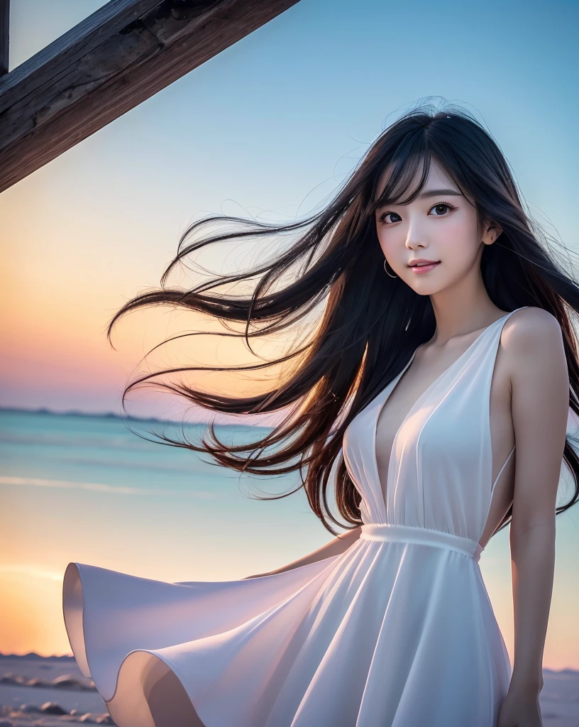 (Highest quality, 32k, High resolution, Masterpiece:1.5, ), marimo_jet, god々A photograph with brilliant brilliance and the power of nature., Expressing emotions, Have a rich imagination, Beautiful Japanese Girls, An exceptionally beautiful face, Small Face Beauty, ((Low-angle full-body shot:1.3)), Perfect Human Anatomy, Magical big eyes, Motherhood and generosity, Deep Love, fleeting smile, Shiny black hair, Beautiful super long hair swaying in the wind, Asymmetrical bangs, Hair between the eyes, Transparent, soft white skin, Sharp eyebrows, Thin lashes, Natural Makeup, Cheek highlighter, Pale pink detailed lips, (High-quality black dress:1.3), ((High resolutionの美しい太もも, Beautiful legs), ((Distant Horizon:1.5)), ((Salar de Uyuni stretches to the horizon:1.3)), ((Gazing at the Horizon:1.3)), Beautifully detailed skies, Professional Photographer, Professional Lighting, Professional Model