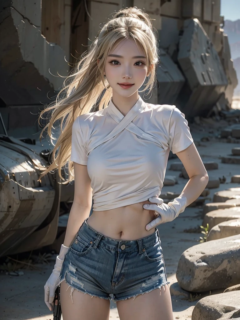 (8K,original photo,Top quality,masterpiece:1.2),(realism,Reality:1.37),Ultra Detailed,Ultra-high resolution,desert背景,desert,desolate,cactus,Wearing white short-sleeved shirt with exposed belly,Blue denim super shorts,Hourglass figure,Wearing black tactical gloves,sports shoes,blond,blond hair,Girl with two braids,跪在沙地上Holding a gun的特写,Full body close-up,Fighting Stance,Shooting Stance,Holding a gun,Holding a gun,pistol,Target your audience,Bullet special effects,Full body close-up,desert背景,desert,desolate,cactus,Bullet special effects,Smile,White skin,Smooth skin,Extremely beautiful face,Dynamic Angle,Dynamic Lighting