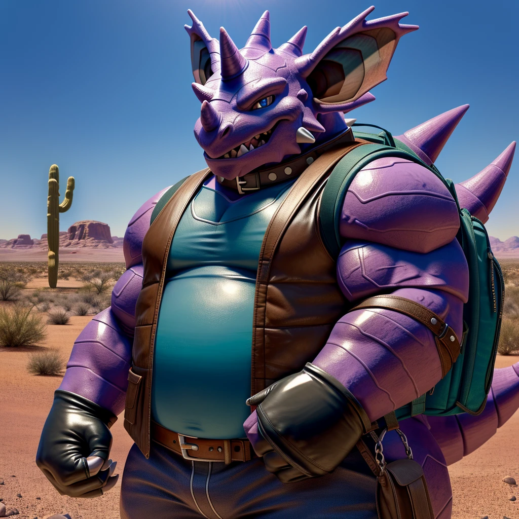 Male, fat, extremely obese, Nidoking, blue eyes, (posing:1.3), (soft shading), 4k, hi res, ((detailed face, detailed)), looking at viewer, evil grin, desert, cactus, shirt, hat, male focus, Explorer Outfit, glasses, pants, bag, vest, backpack, sleeves rolled up, round eyewear, brown headwear, brown vest, Nidoking is wearing a glossy leather dog collar around the neck, Nidoking is wearing the leather collar and shirt and vest at the same time, Nidoking is wearing glossy white rubber gloves on the hands, gloves are rubber in texture, clenching teeth, clenching fists, leather collar is glossy and shiny with a lot of detail.