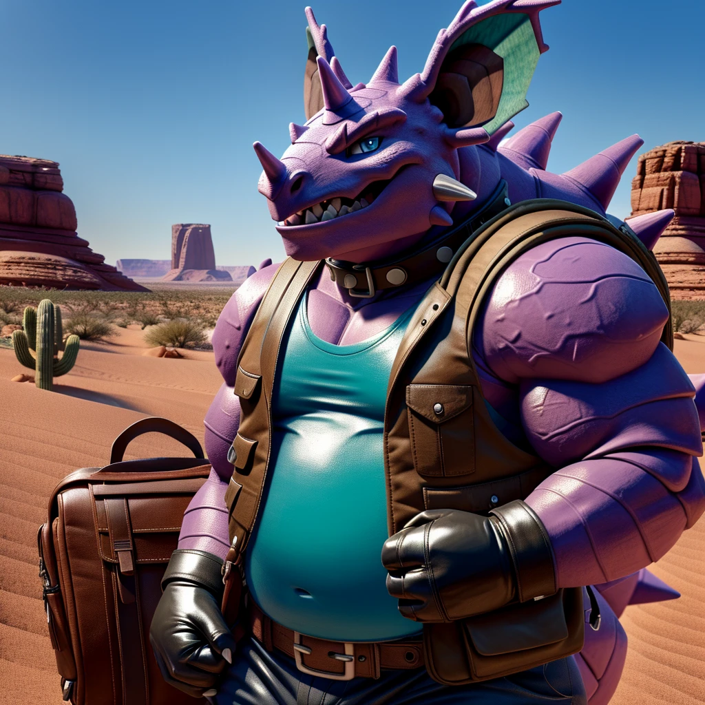 Male, fat, extremely obese, Nidoking, blue eyes, (posing:1.3), (soft shading), 4k, hi res, ((detailed face, detailed)), looking at viewer, evil grin, desert, cactus, shirt, hat, male focus, Explorer Outfit, glasses, pants, bag, vest, backpack, sleeves rolled up, round eyewear, brown headwear, brown vest, Nidoking is wearing a glossy leather dog collar around the neck, Nidoking is wearing the leather collar and shirt and vest at the same time, Nidoking is wearing glossy white rubber gloves on the hands, gloves are rubber in texture, clenching teeth, clenching fists, leather collar is glossy and shiny with a lot of detail.