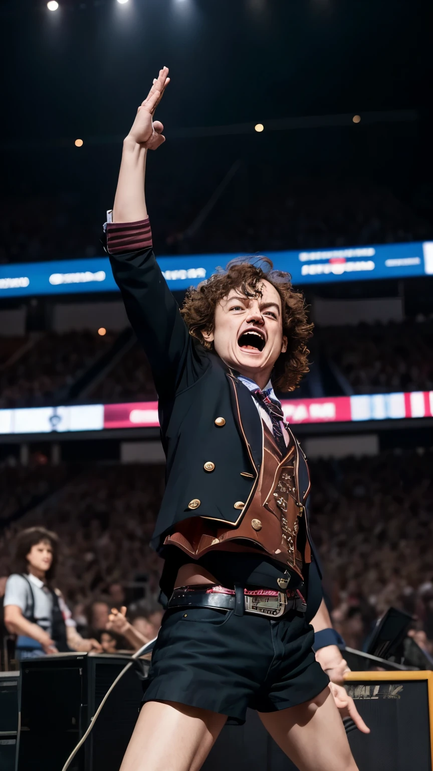 Imagine Angus Young with his signature short, even hair, striking an energetic pose on stage, with a crazy audience in the background, raising your hands and singing along.