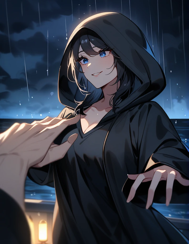 Mysterious Greek milf woman, wearing hoods in a long black tunic, short black hair, long blue eyes, 
with his face covered leaving only his mischievous smile, he extends his hand while making a proposal, on a stormy rainy night with the dark ocean in the background