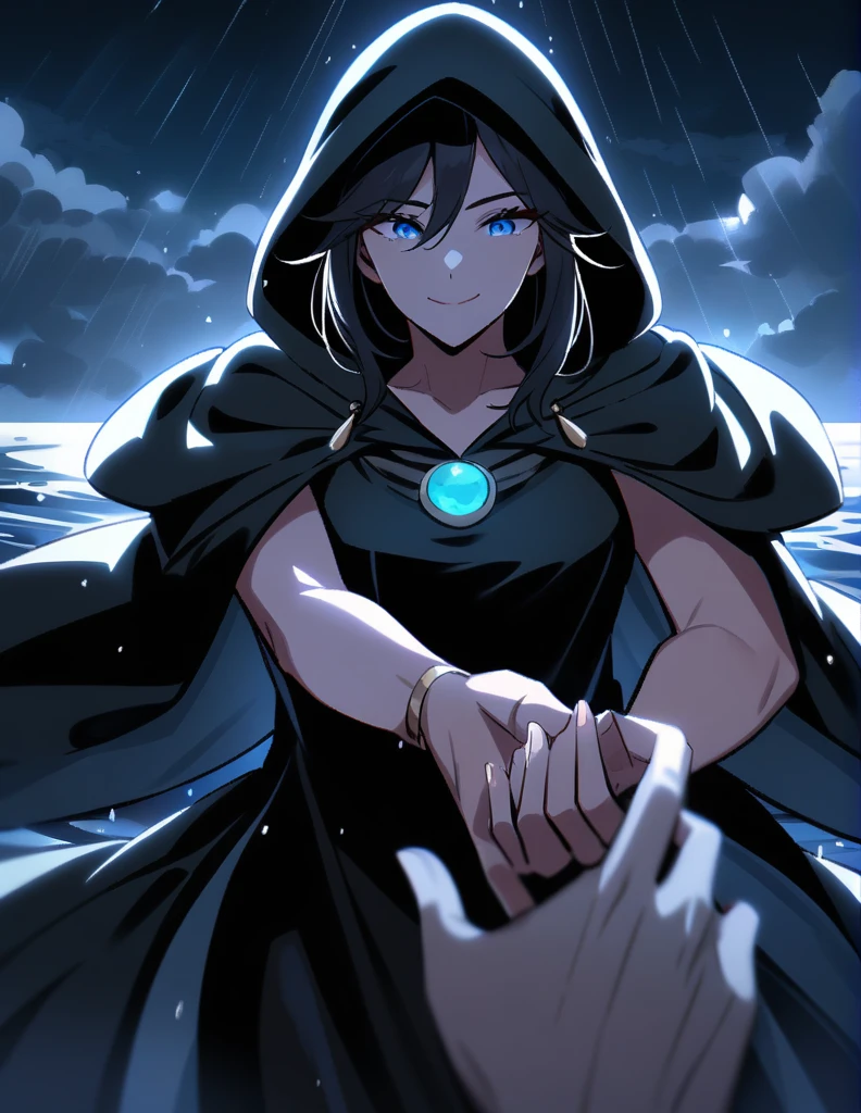 Mysterious Greek milf woman, wearing hoods in a long black tunic, short black hair, long blue eyes,
with his face covered leaving only his mischievous smile, he extends his hand while making a proposal, on a stormy rainy night with the dark ocean in the background