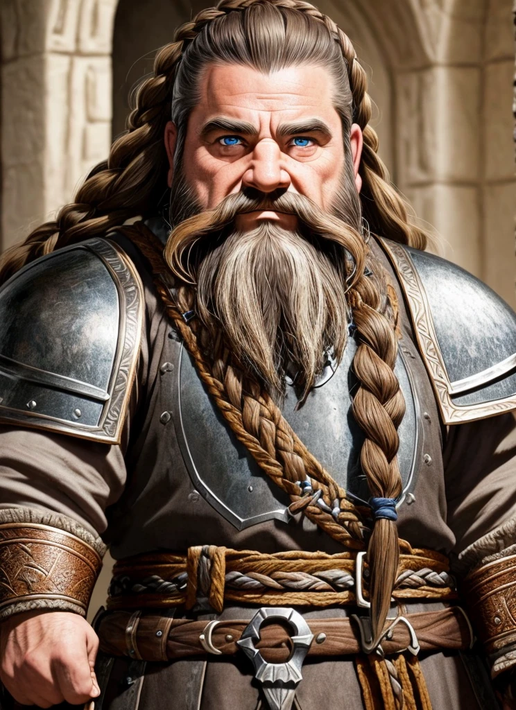 Dwarf in full grey armor, medieval fantasy dwarf, stark, plumpness, with light brown hair and a long braided beard, wearing full plate armor, a mad look, fully body, standing alone, fancy, Dwarf Medieval RPG, Closeup portrait of a dwarf with a braided beard, Dwarf braided beard, 4 k image, 超A high resolution, inside royal dwarf hold, High details, best qualityer, 16K, [ultra detaild], master part, best qualityer, (extremely detaild), fully body, photorrealistic, arte de fancy, Arte de RPG, d&d art, an image of a dwarf in his hold (intense details, best qualityer), dwarf male fantasy (intense details, master part, best qualityer),(intense details, master part, best qualityer), brown hair, dynamic blue eye color, Ultra Detailed Face (intense details, master part, best qualityer), long beard, brown beard