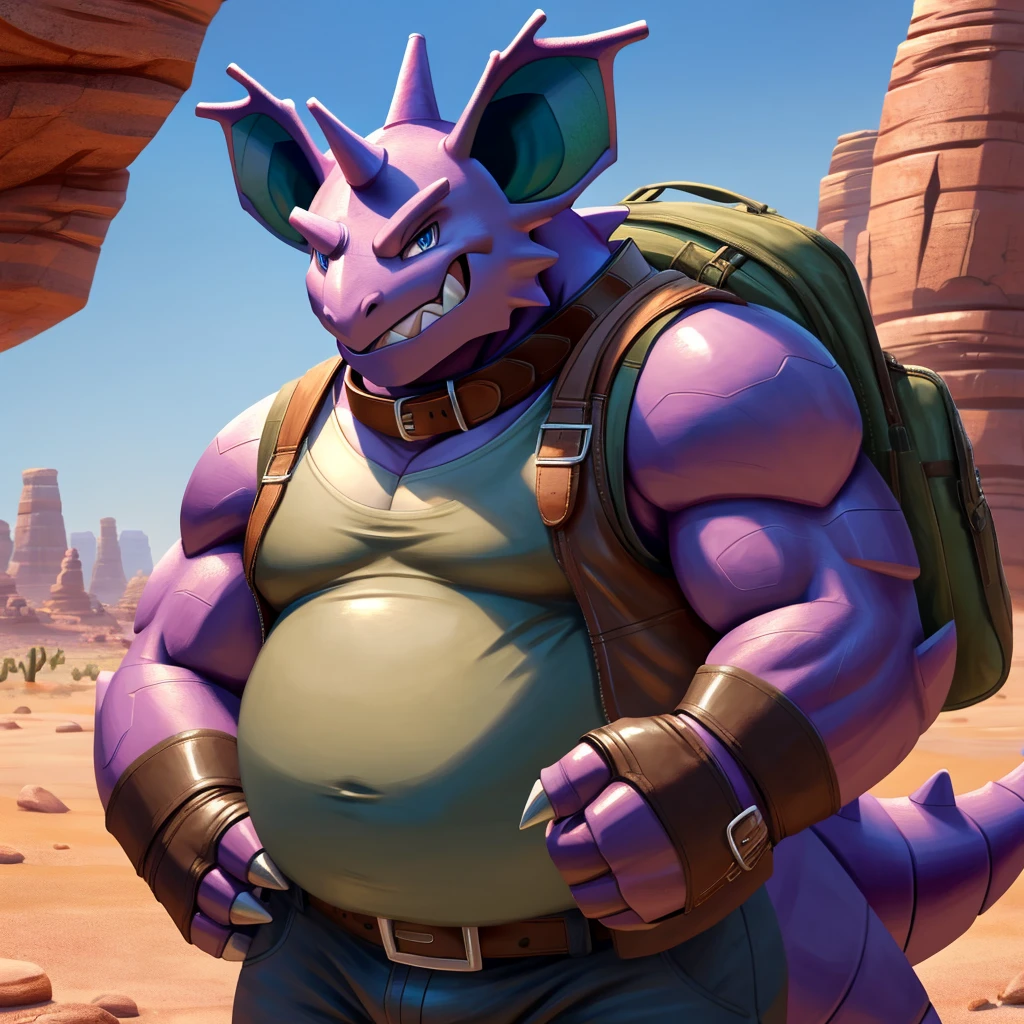 Male, fat, extremely obese, Nidoking, blue eyes, (posing:1.3), (soft shading), 4k, hi res, ((detailed face, detailed)), looking at viewer, evil grin, desert, cactus, shirt, hat, male focus, Explorer Outfit, glasses, pants, bag, vest, backpack, sleeves rolled up, round eyewear, brown headwear, brown vest, Nidoking is wearing a glossy leather dog collar around the neck, Nidoking is wearing the leather collar and shirt and vest at the same time, Nidoking is wearing glossy white rubber gloves on the hands, gloves are rubber in texture, clenching teeth, clenching fists, leather collar is glossy and shiny with a lot of detail.