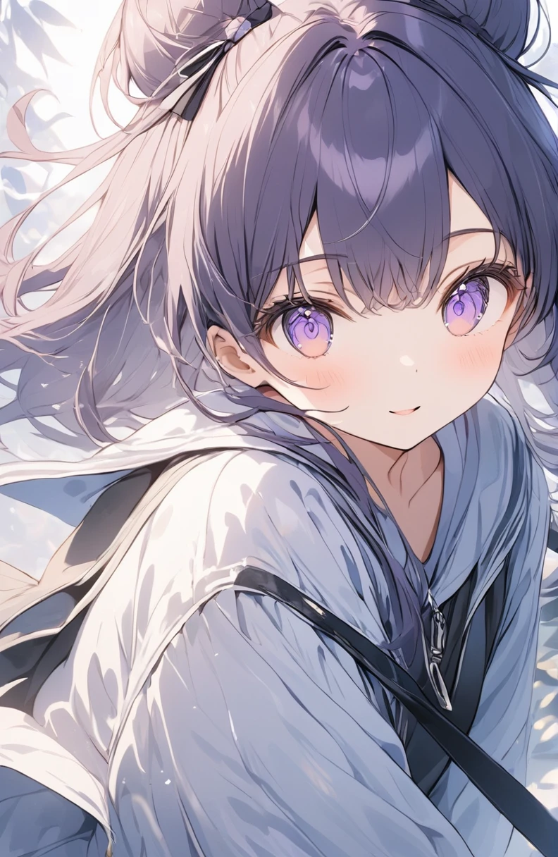 Very detailed、Very absurd、超High resolution, Attention to detail, high quality, High resolution, 最high quality, 4K, 8K,Clear drawing,deep violet hair color,hair bun,blunt bangs,jamping