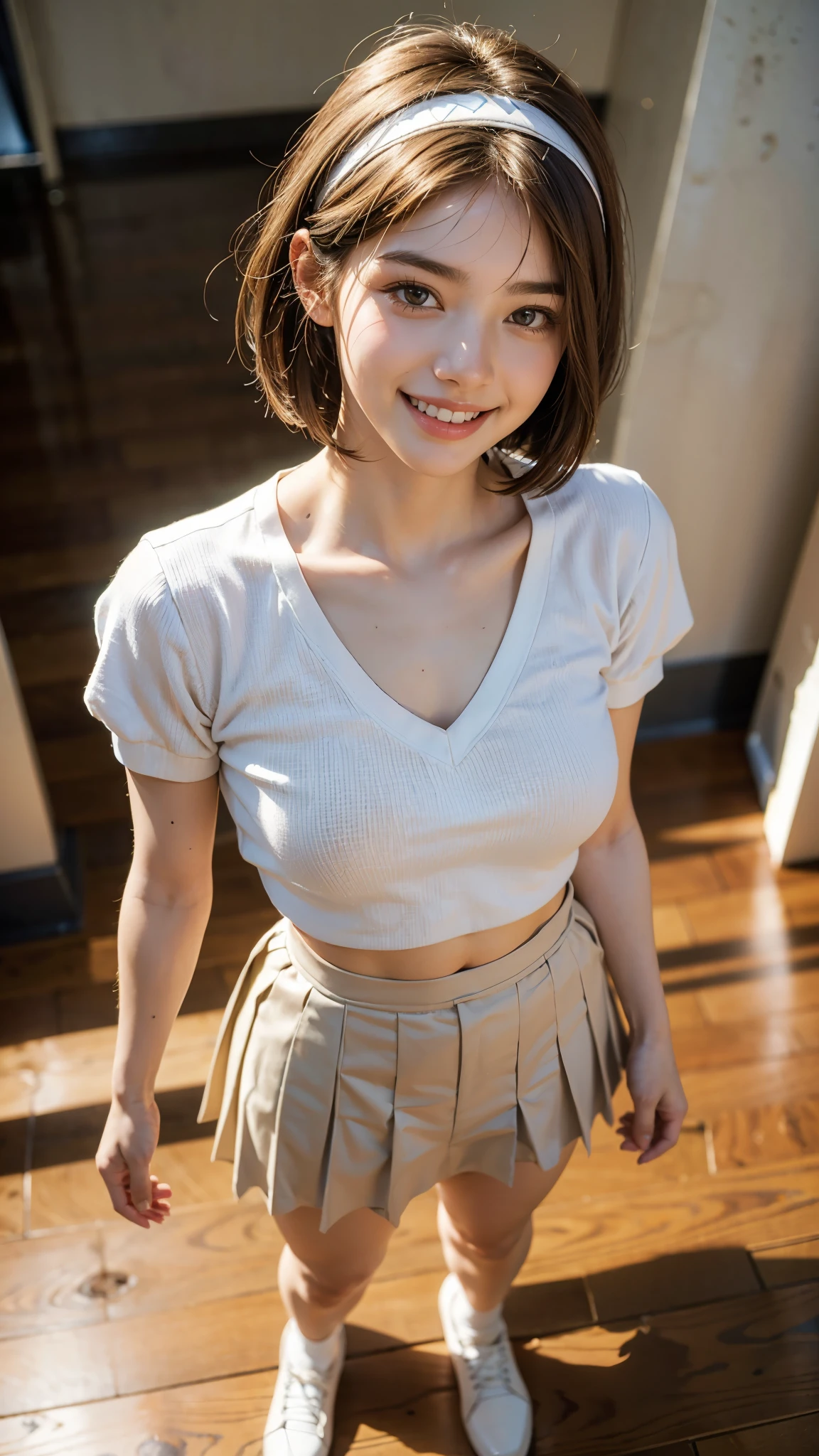 One Girl:1.5,Fair skin,Shyness,Sexy pose、Highest quality, shape, Very detailed, finely, High resolution, 8k wallpaper, Beautiful and exquisite, Natural Lip, whole body, Navel exposure, front,((bangs))、University Vegetable Garden、Brown Hair、(Thighs)、The correct five fingers、Looking into the camera,slim,((smile)),(topless:1.4),(Nipples are visible:1.2)、sweater、Pleated skirt、(round face),(Small eyes)