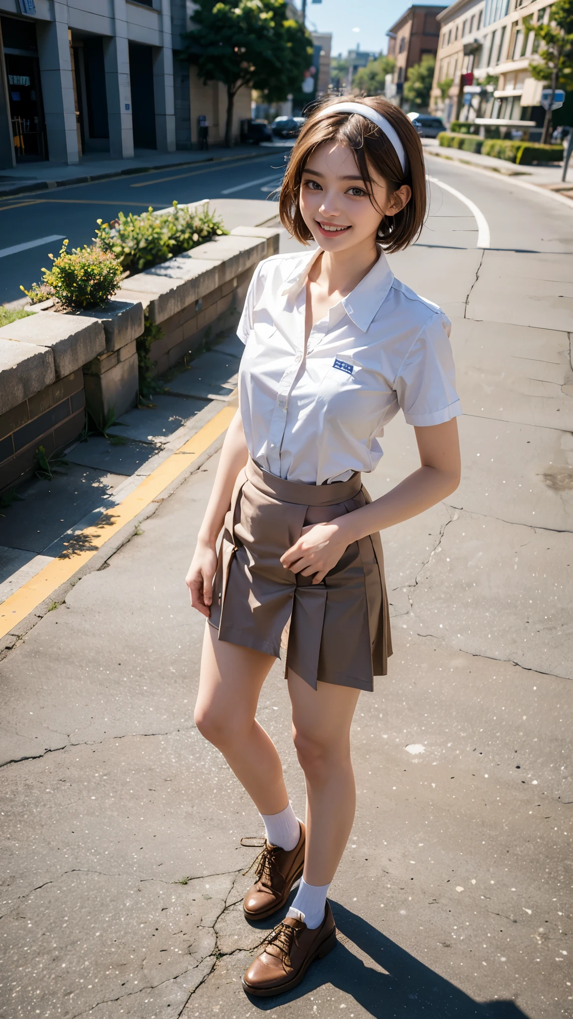 Highest quality, masterpiece, Ultra-high resolution,8K, (Realistic:1.6), (Full body frontal portrait) RAW Photos, 1 Girl,(Full of smiles, Showing teeth)), 22 years old,((Standing with good posture)), school uniform)),((Very short hair with a hair band)),((Looking up at the audience)),Face Focus:1.2