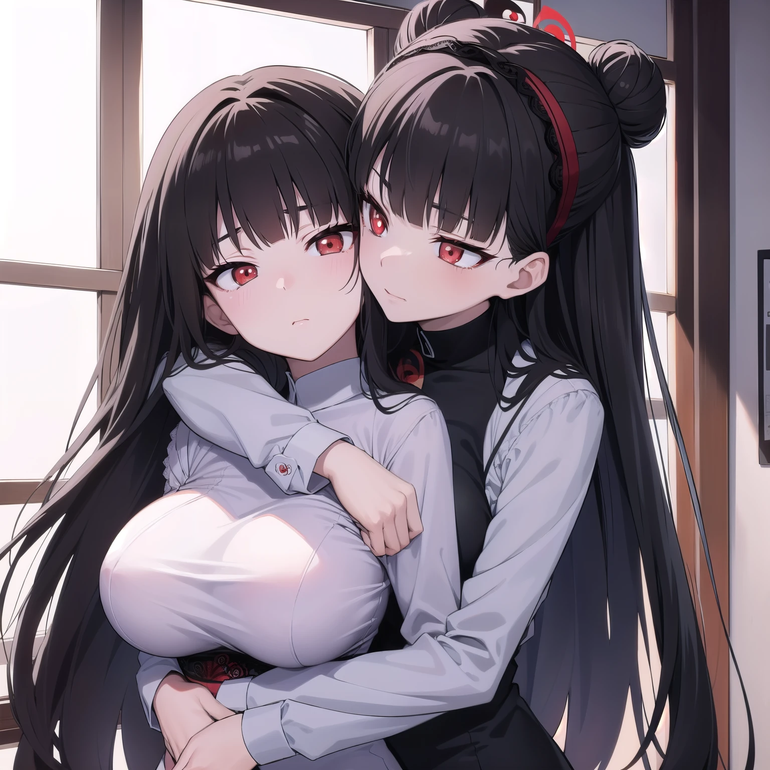 Rivertsukatsuki, River, black hair, (red eyes:1.5), Bun Hair Floral Headband、Extremely large breasts(4700)、 Two people hugging each other、Lace ランジェリー