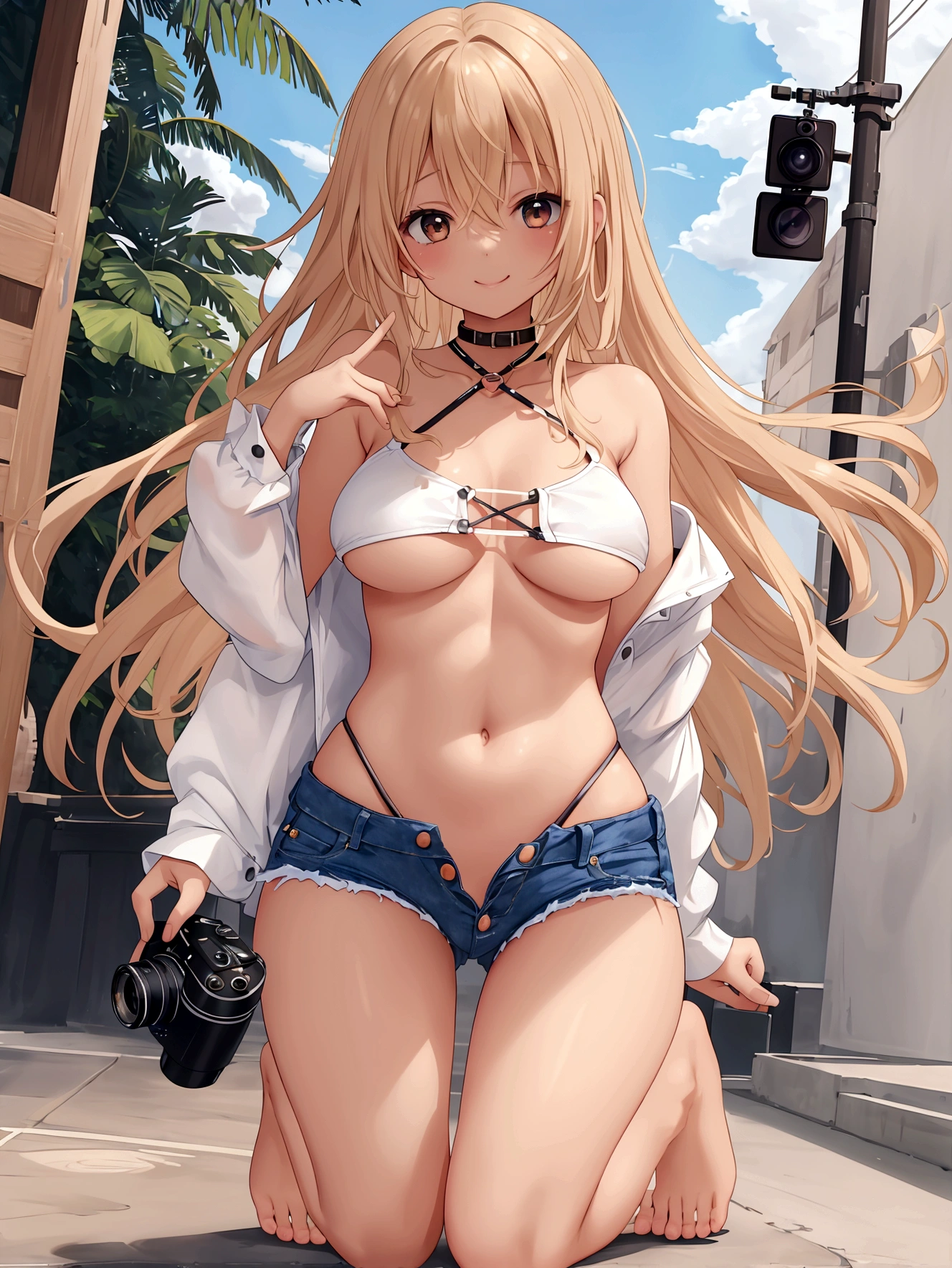 girl，（masterpiece，Highest quality），Street，(Brown Skin)，(Completely naked)，Bare shoulders、Gal、Blonde、smile、passionate、Swimwear，long hair、(Underboob)，Big Breasts，Cleavage，Mini Camisole、looking at the camera、shoeicro Mini Denim Shorts(Open button)，solo、Are standing、barefoot，