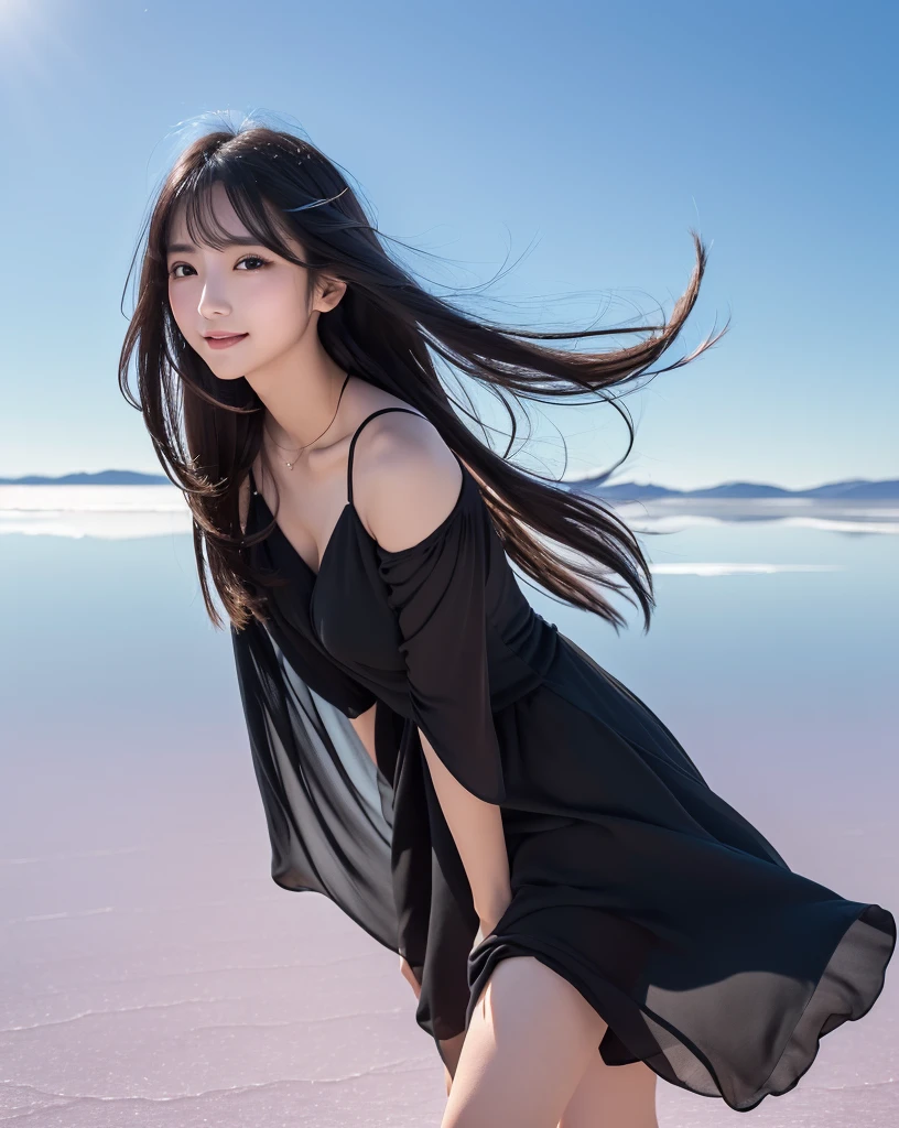 (Highest quality, 32k, High resolution, Masterpiece:1.5, ), marimo_jet, god々A photograph with brilliant brilliance and the power of nature., Expressing emotions, Have a rich imagination, Beautiful Japanese Girls, An exceptionally beautiful face, Small Face Beauty, ((Low-angle full-body shot:1.3)), Perfect Human Anatomy, Magical big eyes, Motherhood and generosity, Deep Love, fleeting smile, Shiny black hair, Beautiful super long hair swaying in the wind, Asymmetrical bangs, Hair between the eyes, Transparent, soft white skin, Sharp eyebrows, Thin lashes, Natural Makeup, Cheek highlighter, Pale pink detailed lips, (High-quality black dress:1.3), ((High resolutionの美しい太もも, Beautiful legs), ((Distant Horizon:1.5)), ((Salar de Uyuni stretches to the horizon:1.3)), ((The earth reflects the sky like a mirror:1.3)), Beautifully detailed skies, Professional Photographer, Professional Lighting, Professional Model