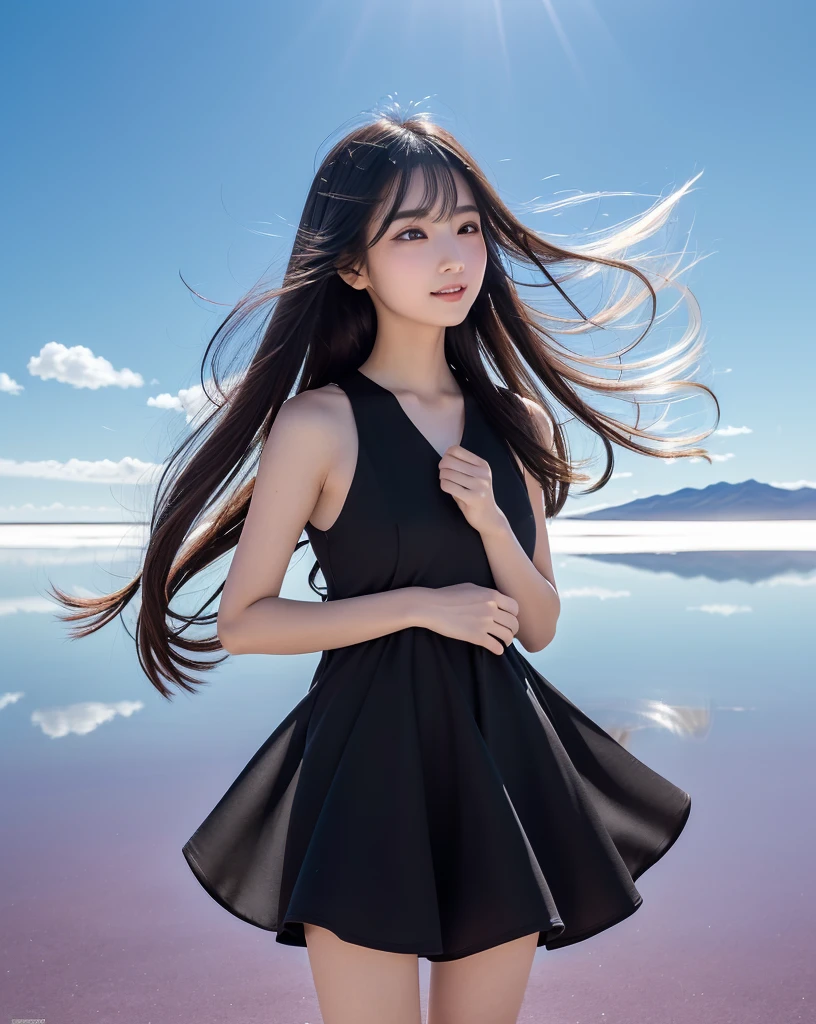 (Highest quality, 32k, High resolution, Masterpiece:1.5, ), marimo_jet, god々A photograph with brilliant brilliance and the power of nature., Expressing emotions, Have a rich imagination, Beautiful Japanese Girls, An exceptionally beautiful face, Small Face Beauty, ((Low-angle full-body shot:1.3)), Perfect Human Anatomy, Magical big eyes, Motherhood and generosity, Deep Love, fleeting smile, Shiny black hair, Beautiful super long hair swaying in the wind, Asymmetrical bangs, Hair between the eyes, Transparent, soft white skin, Sharp eyebrows, Thin lashes, Natural Makeup, Cheek highlighter, Pale pink detailed lips, (High-quality black dress:1.3), ((High resolutionの美しい太もも, Beautiful legs), ((Distant Horizon:1.5)), ((Salar de Uyuni stretches to the horizon:1.3)), ((The earth reflects the sky like a mirror:1.3)), Beautifully detailed skies, Professional Photographer, Professional Lighting, Professional Model