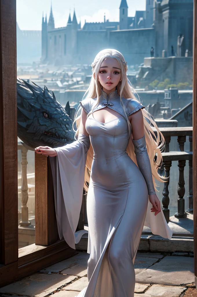 oil (ko_Emilia Clarke), (Long Hair:1.1), (Standing on the balcony), (White tunic:1.1), Perfect Thighs, (Game of Thrones castle in the background:1.2), Atmospheric lighting, Structure of the film, コンセプトart, Digital Illustration, detailed, art：Brian M. Viveroaciej Kuciara、mark keathley, Natural light, 4K, High definition, ((Perfect Eyes)), (detailed pupils), It&#39;s dim, (Gray Hair:1.3)
