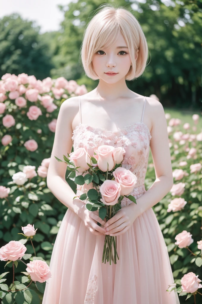 8K, RAW Photos, Fujifilm, Avril-like style photo of a beautiful young woman in a garden of pale pink roses (Highly detailed skin: 1.2) Style Petal Break Short Hair, Blonde and colored hair, Wearing a dress, Film Granulation, 35mm, Cute Style