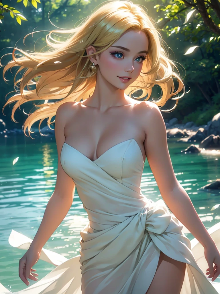 (Best quality,ultra detailed,Photorealistic:1.37), (((open shoulders, waist-high body view))), bright and saturated colors,studio lighting,playful facial expression,stylish makeup, twilight,Blonde hair blowing in the wind,inviting eyes,glossy lips,sexy pose, I smile confidently and seductively,posing for a professional photo shoot,shallow depth of field,highlighting the main subject,soft natural light,Creating a dreamy and magical atmosphere.