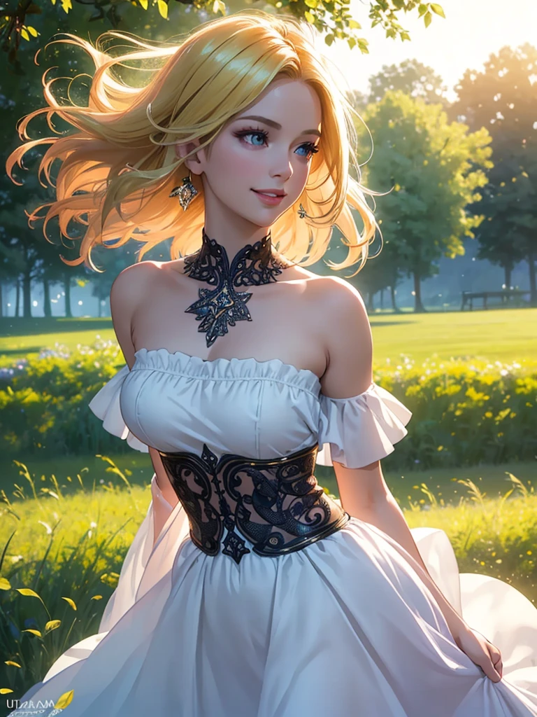 (Best quality,ultra detailed,Photorealistic:1.37), (((open shoulders, waist-high body view))), bright and saturated colors,studio lighting,playful facial expression,stylish makeup, twilight,Blonde hair blowing in the wind,inviting eyes,glossy lips,sexy pose, I smile confidently and seductively,posing for a professional photo shoot,shallow depth of field,highlighting the main subject,soft natural light,Creating a dreamy and magical atmosphere.