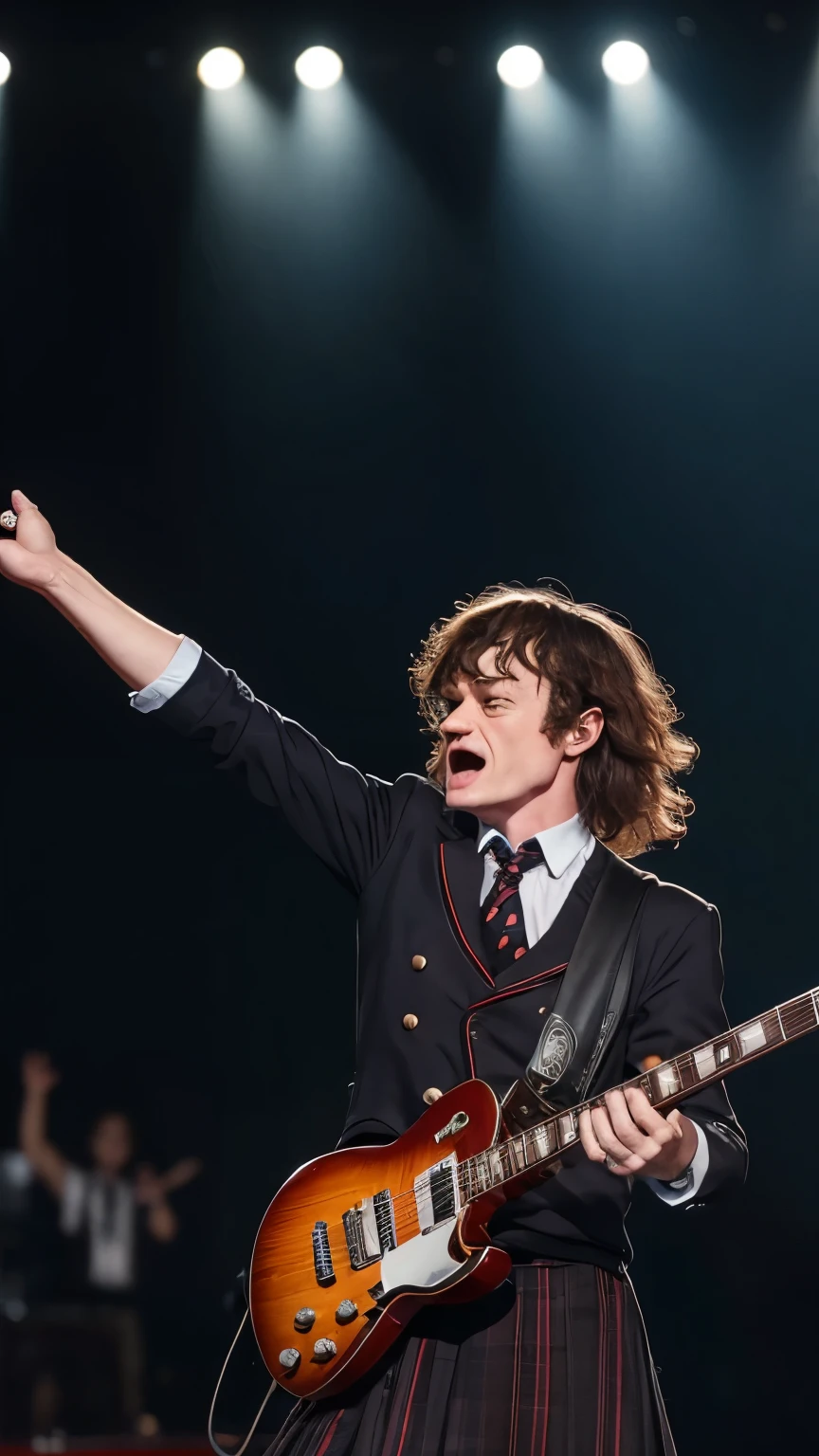 Imagine Angus Young with his signature short, even hair, striking an energetic pose on stage, with a crazy audience in the background, raising your hands and singing along. 8K, uhd