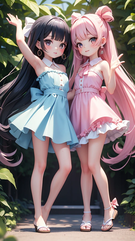 (((bishojo, two girls))), ((kawaii face)), ((kawaii eyes)), (masterpiece), (top quality), (hyper detailed), (exquisite), (depth), (crisp), (8k), (beautiful and aesthetic), (super detailed skin), (high standard), (high resolution), (perfect anatomy), ((full body)), (blush), (bare foot), (bow in hair), (arm pits), (blunt bangs), (earrings), (strapless sleeveless dress), (summer coast), ((yuri))