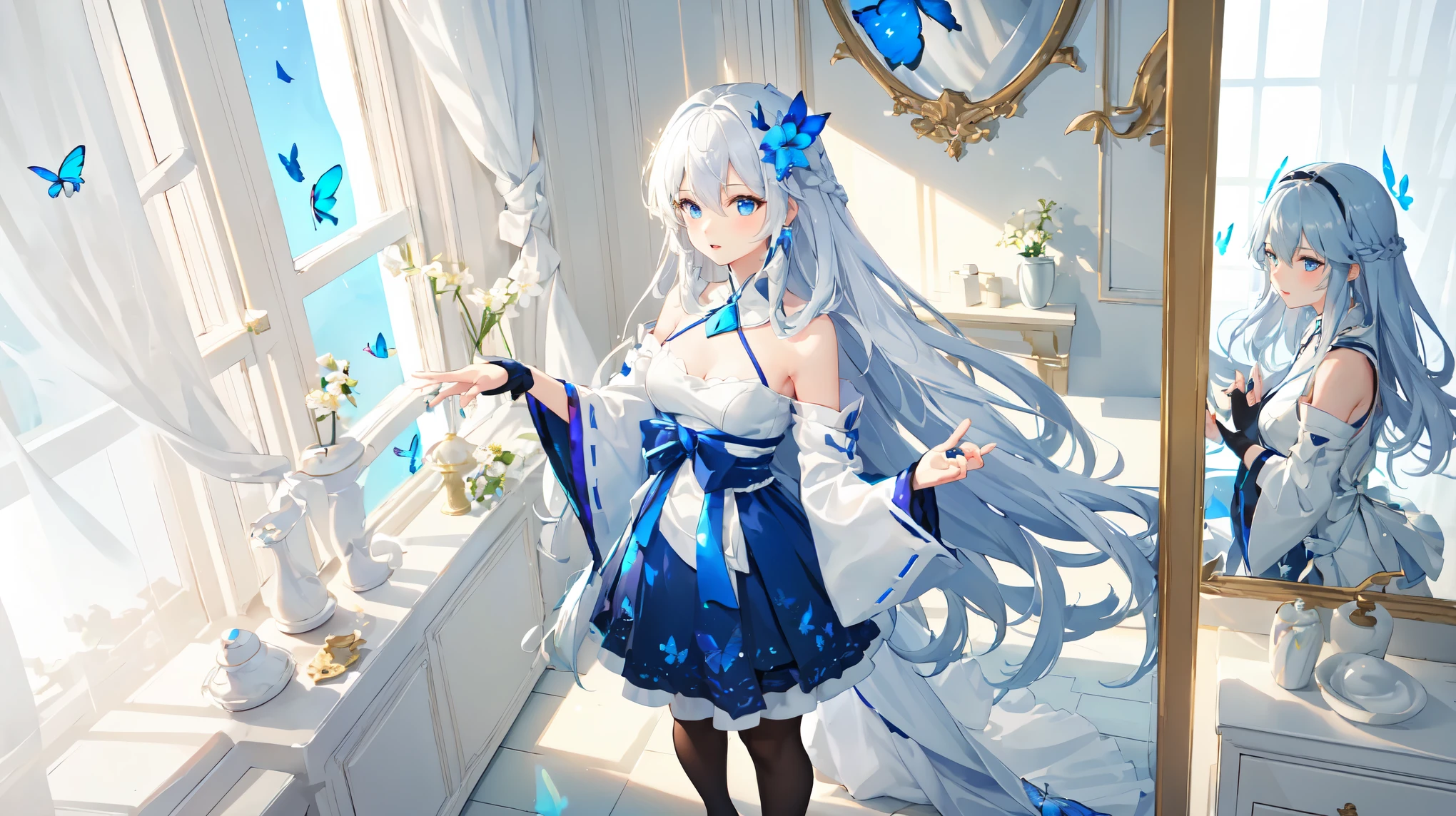 (view from above),dynamic angle,ultra detailed, illustration, close-up, Right on, 1 girl, (fantasy:1.4), (azure blue eyes:1.233),Her eyes shone like Dreamy stars,(Brilliant eyes:1.233),(Beautiful and detailed eyes:1.1),(silver hair:1.14),(dirty hair,Very long hair,french braid,hair between eyes,sidelocks), (+(bule hair flower:1.14)),(chiffon dress,Bule floral pattern in uniform)/=(military uniform:1.24),(cut off sleeves,wide sleeves),(fingerless gloves),necklace,(Miko in stockings),high heel boots,(inexpressive,closed mouth),(standing), (Classic princess boudoir with dressing table and french window in a white antique palace),(White flowers,blossom),(bottomless sea),(flowing water),(dull blue world tree:1.14),(ruin),(night:1.2),Dreamy,soul,(Fluorescence),(flying translucent blue butterflies:1.15), [[gentle fingers and hands:0.55]::0.85],(detailed fingers),(Ubao:0.5),