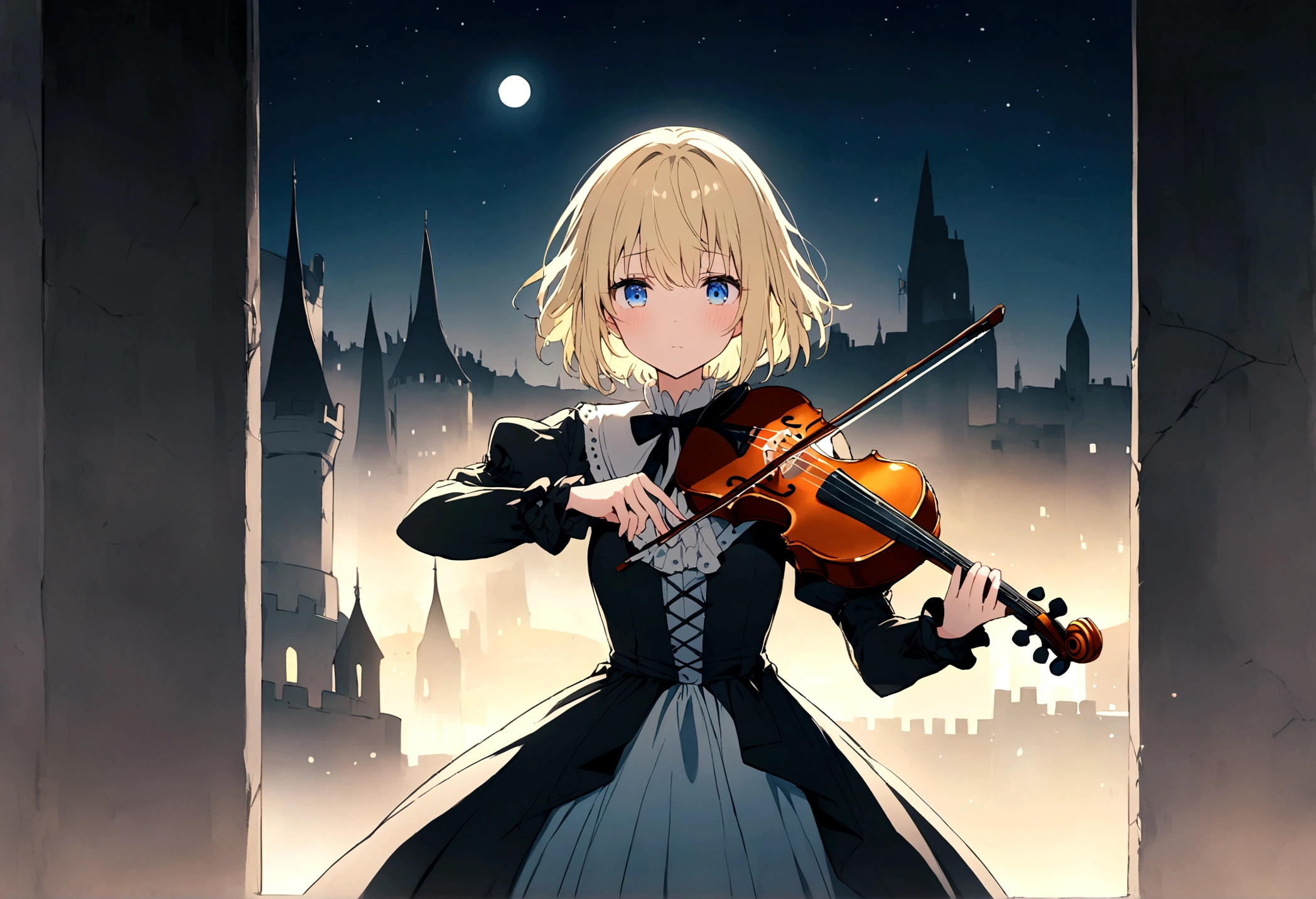 Anime girl with short blonde hair and blue eyes playing the violin,alone、 Sad expression、looking at the camera、whole body、Old castle、Moonlit Night