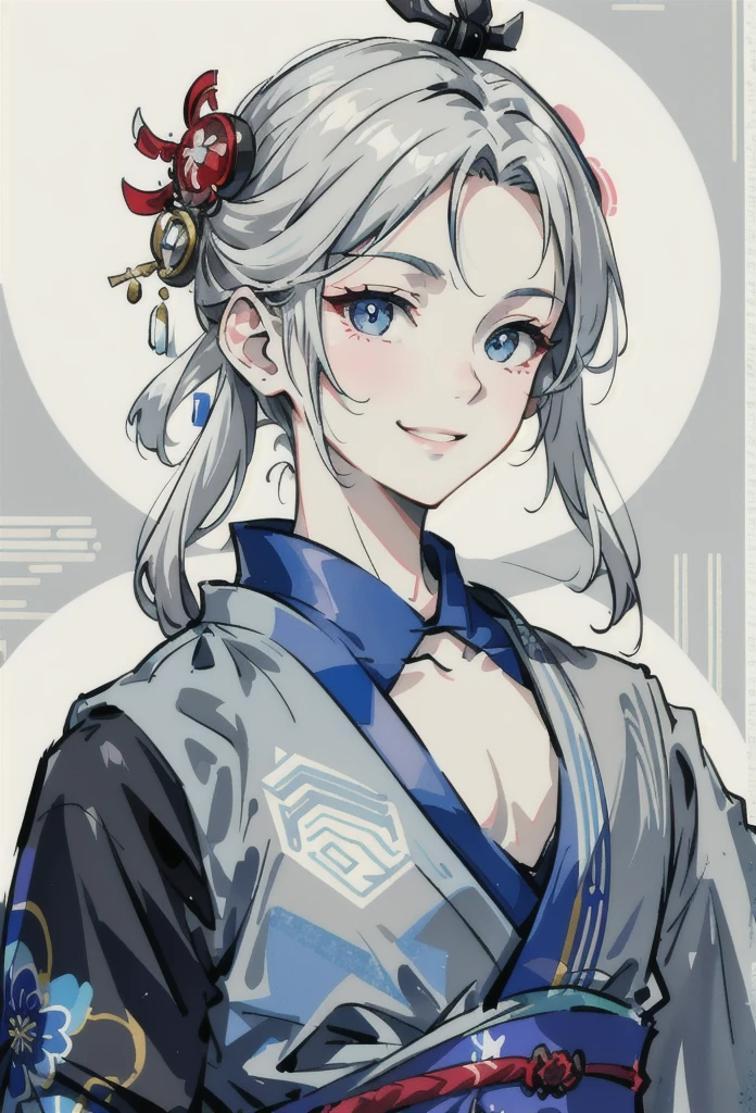 Gray Hair、Long Hair、From the chest up、Light blue eyes、smile、kimono、hair ornaments
