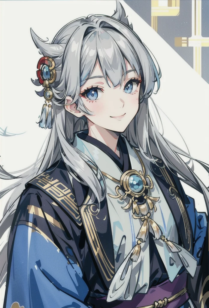 Gray Hair、Long Hair、From the chest up、Light blue eyes、smile、kimono、hair ornaments