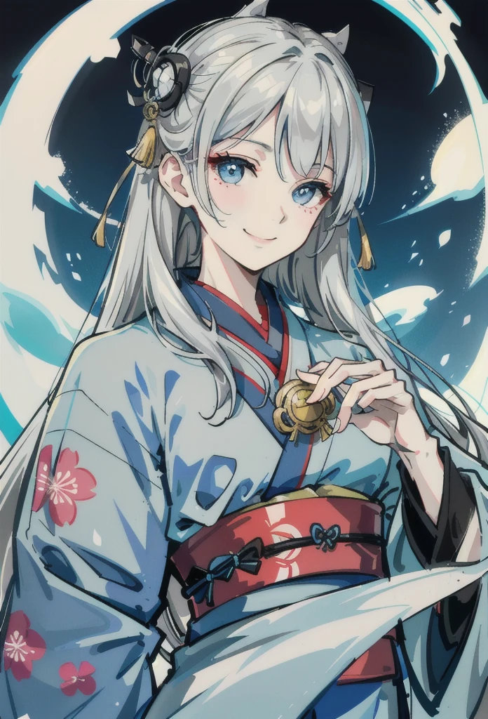 Gray Hair、Long Hair、From the chest up、Light blue eyes、smile、kimono、hair ornaments