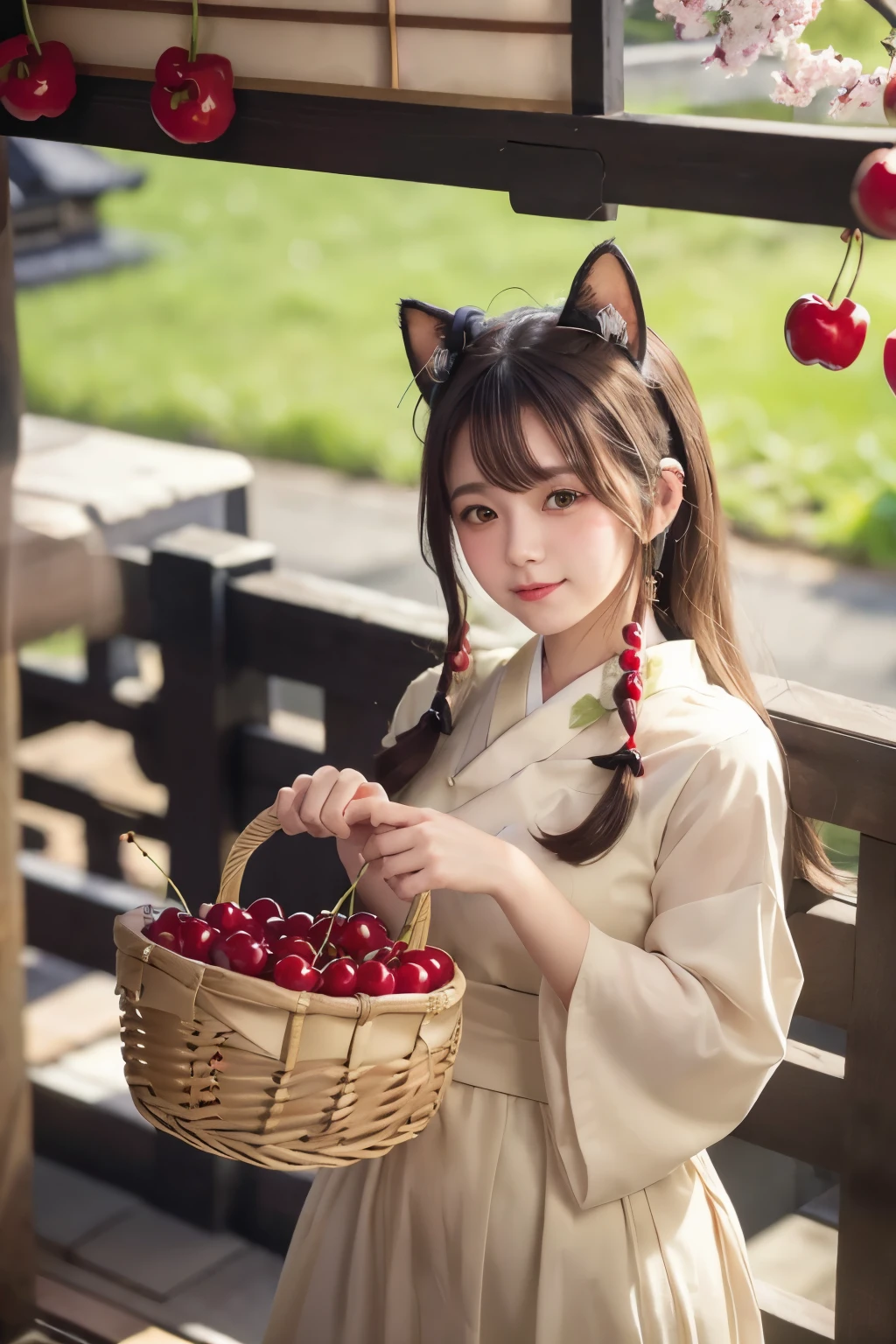 Masterpiece, 16K, bokeh,
(Beautiful girl),
(cat ears:1.3), (Japanese idle:1.6),
(Beautiful woman holding a basket full of cherries with both hands)
cherry patern dress
(many cherry fruits:1.5)